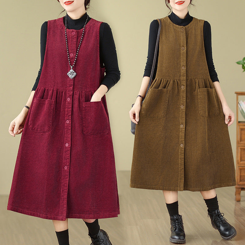 Real shot 2025 spring new literary loose solid color corduroy sleeveless dress women's vest skirt single piece 8386