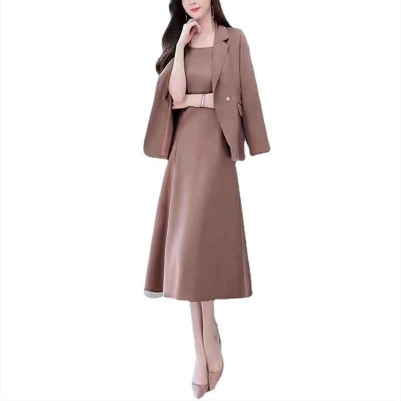 American medium and long suit suspender dress set women's new Xiaoxiangfeng elegant temperament large size two-piece skirt