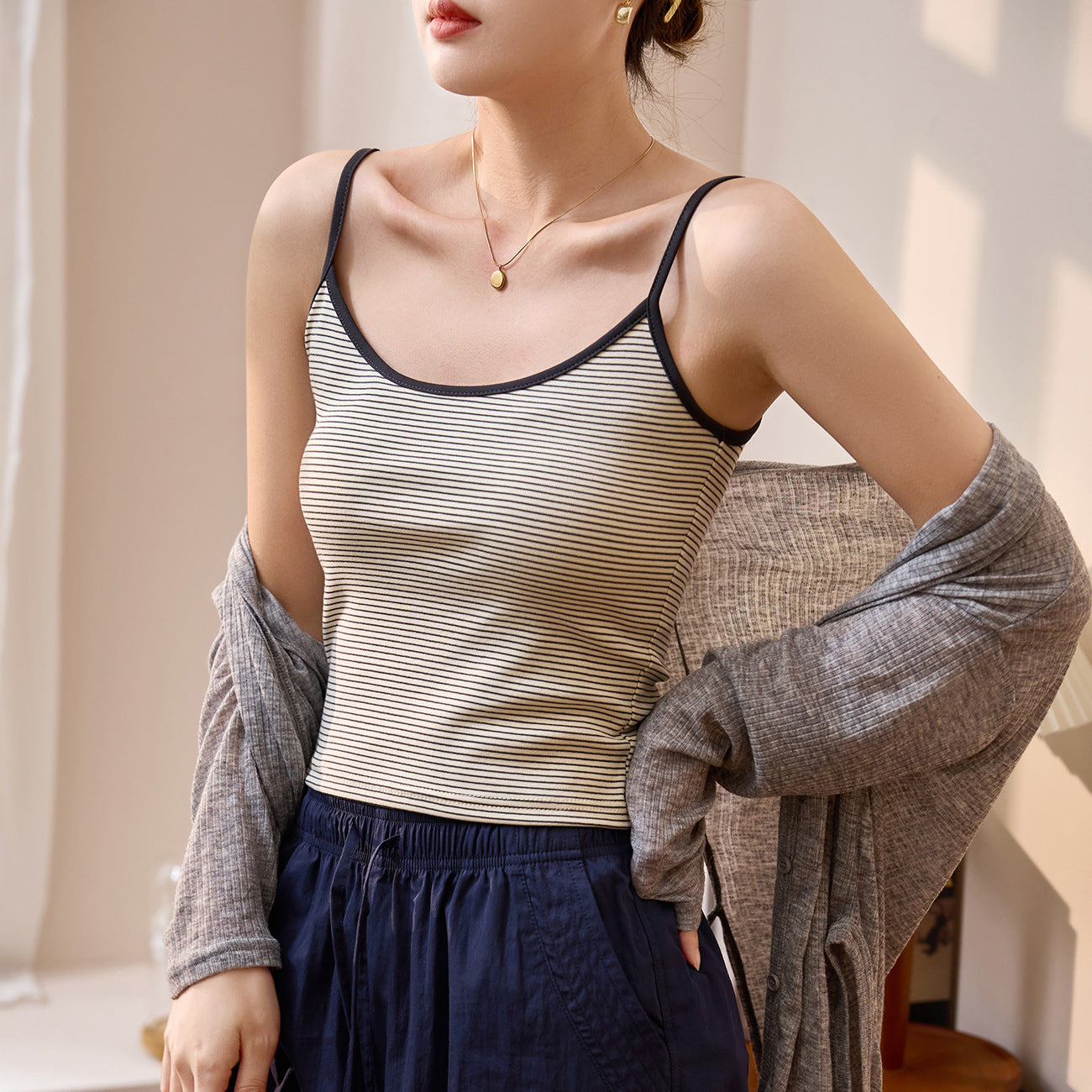 #Zhen quality, no fear of goods ratio, high-count pure cotton #pinstriped sling vest for women's summer high-waisted short sexy outer wear