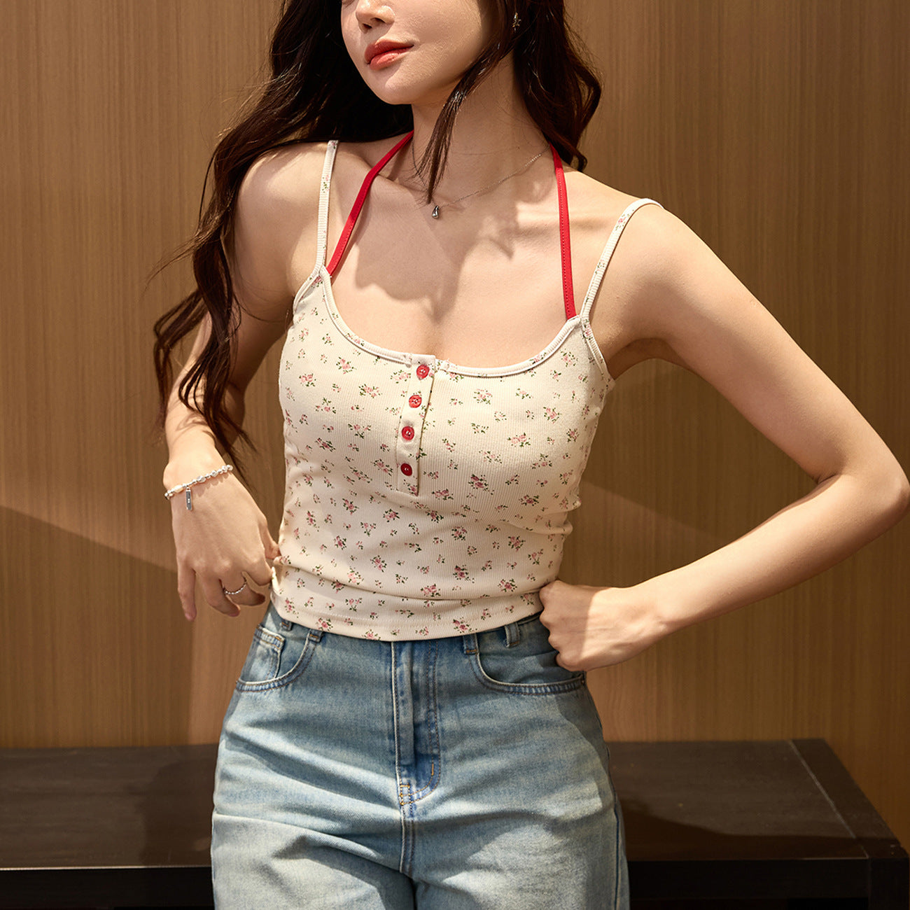 #High Elastic Pure Cotton #Fake Two Pieces Neck Suspender Printed Spice Girl Vest Women's Summer New Sexy Outer Wear Inner Base