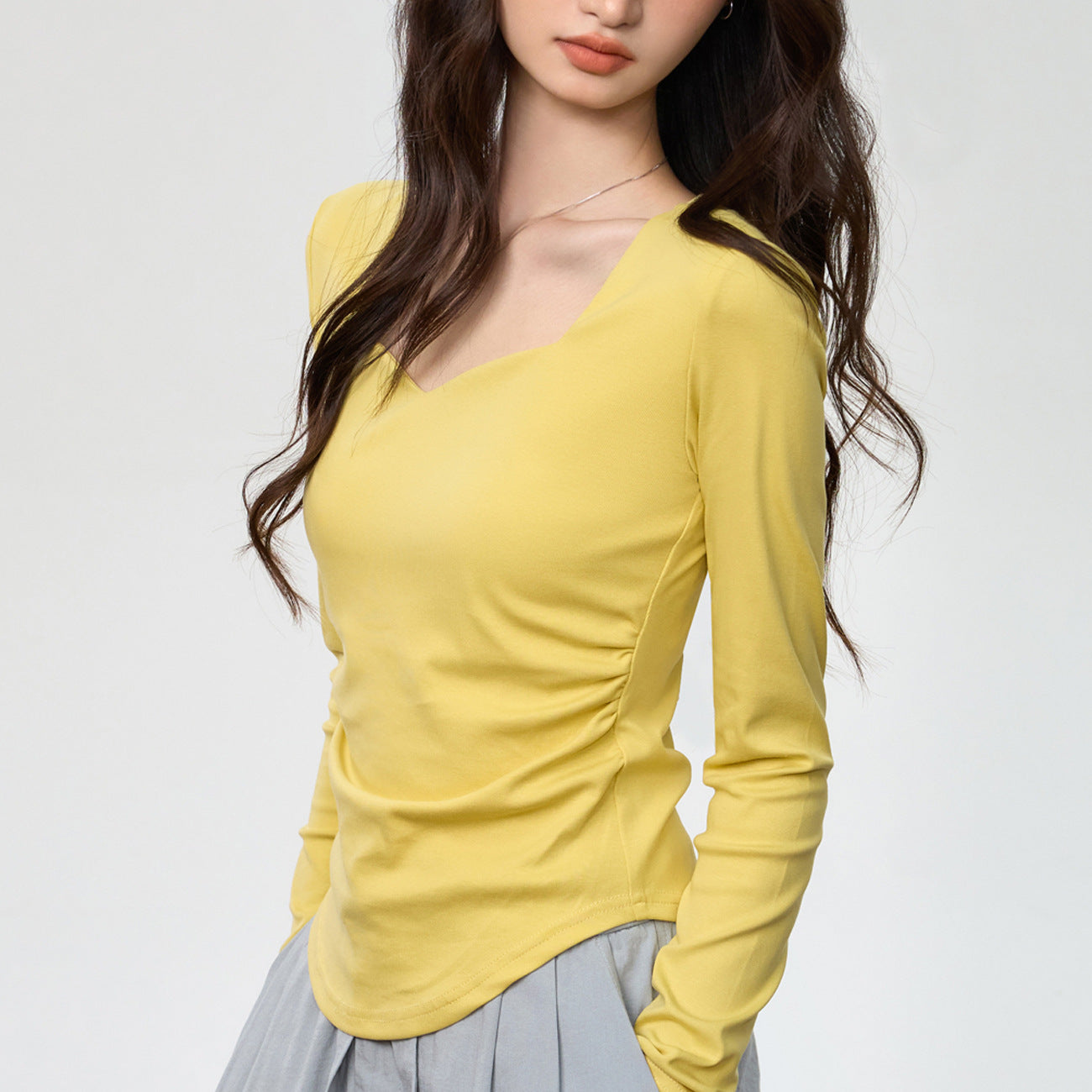#40 combed pure cotton #peach heart square neck long-sleeved T-shirt women's autumn new pleated slim-fitting front shoulder top bottoming shirt