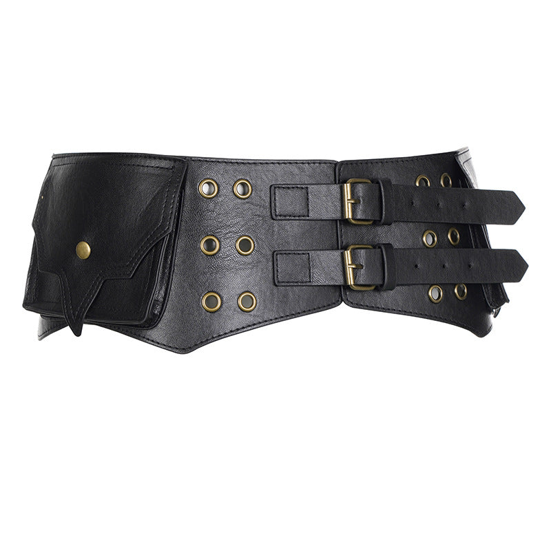 Western denim style double buckle metal waist rivet three-dimensional leather belt personalized trend casual mini waist fanny pack