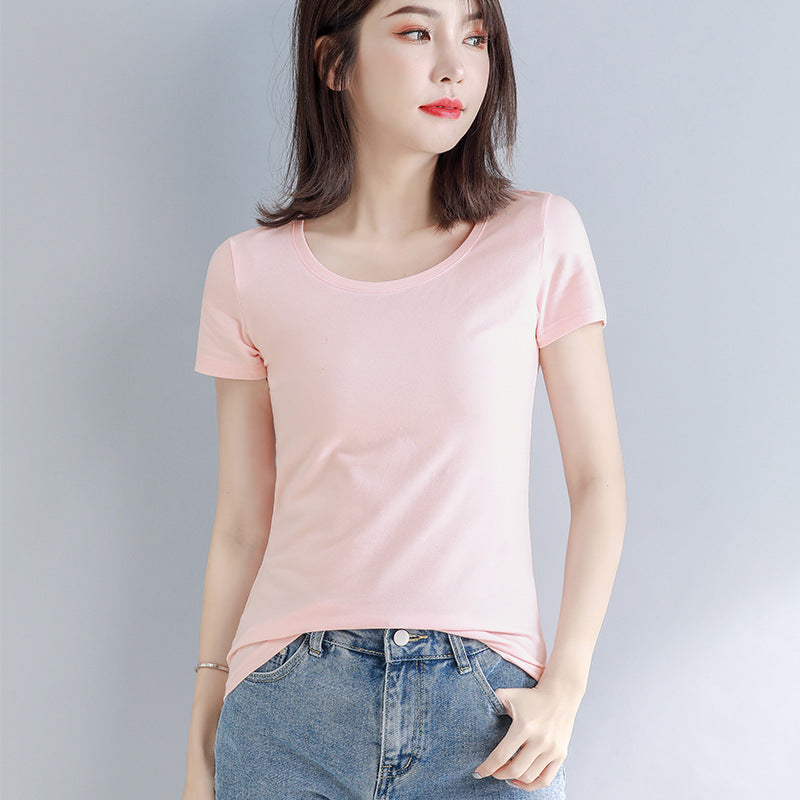 Lotus root pink short-sleeved t-shirt women's pure cotton unique and beautiful waist pinched high-end niche non-collision front shoulder short top