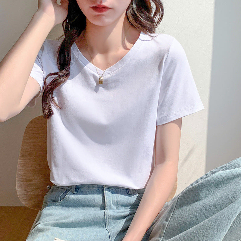 pure cotton white t-shirt women's short-sleeved summer 2025 new loose thin bottoming shirt with solid color thin top