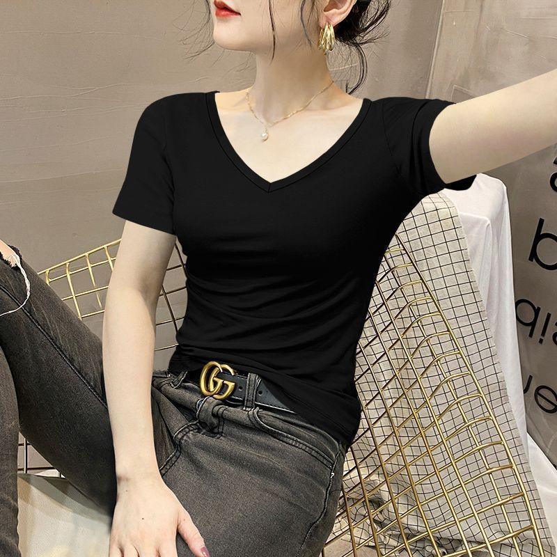 Knitted Threaded Modal Short Sleeve V-Neck Summer Slim Skinny Top Thin New Chicken Heart Neck Half Sleeve T-Shirt