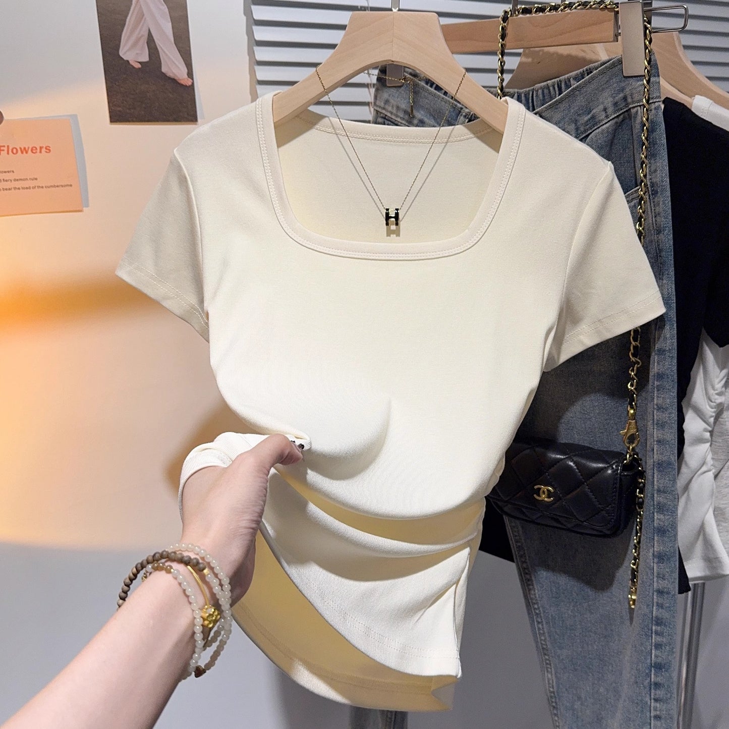Square collar straight shoulder short-sleeved T-shirt women's summer 2025 new waist pleated slim-fitting Spice Girl slim summer top