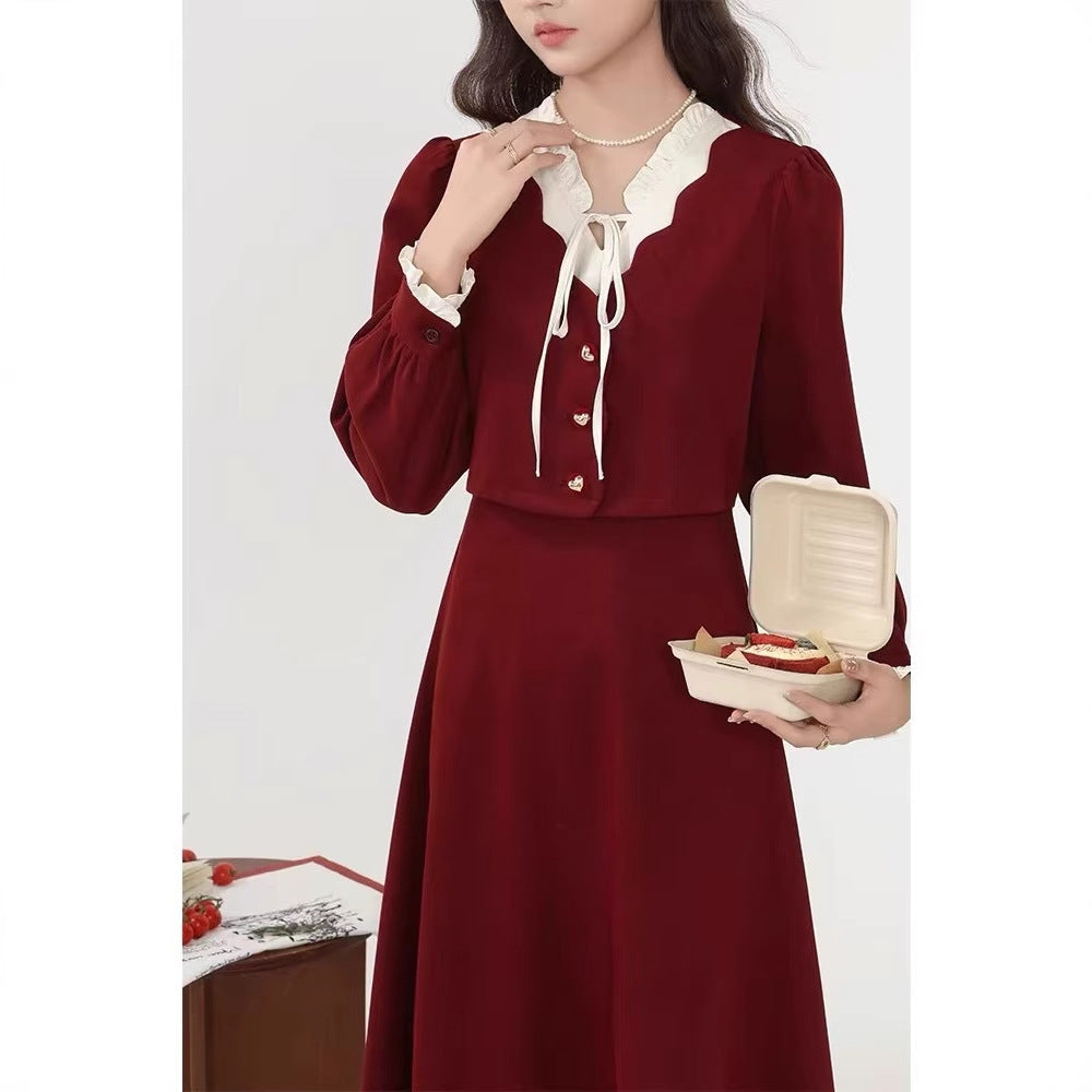 Autumn and winter new Christmas New Year's Eve New Year's robe slightly fat temperament thin fake two French red dresses