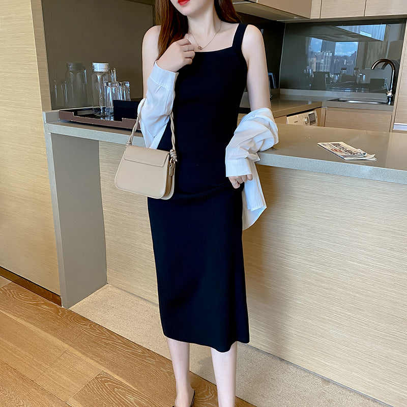 Cover the breasts, wide shoulders, suspender dress, women's summer 2026 new knee vest, long dress, slim and thin, fashionable and versatile