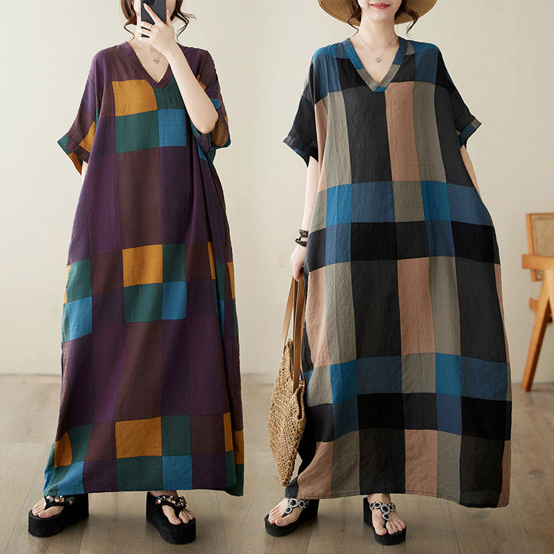 Real shot 2024 summer V-neck cotton and linen large size loose literary holiday wind beach skirt retro long robe woman