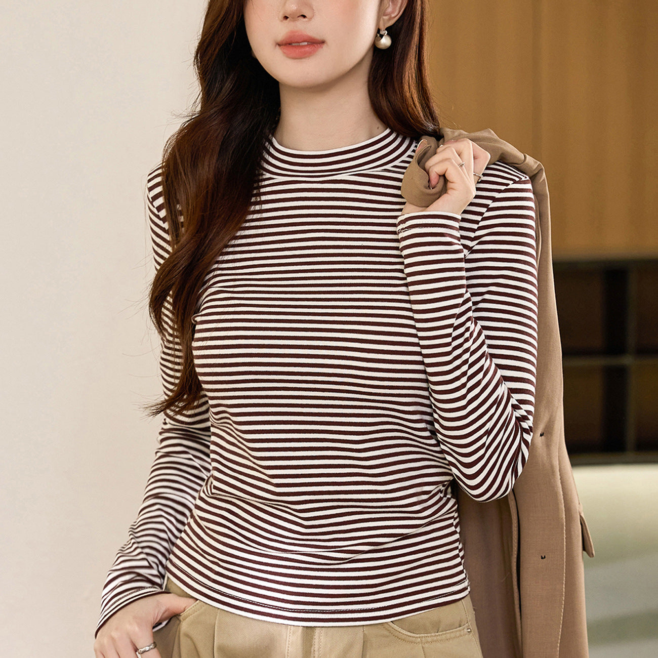 #Selection of good goods #Pure cotton T-shirt women's long-sleeved foreign-style striped bottoming shirt 2026 autumn and winter new semi-turtleneck top