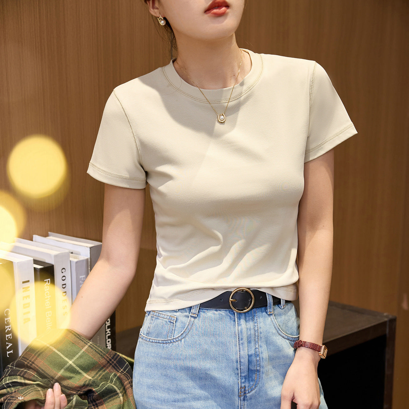 Flower needle thread 230g combed cotton T-shirt women's summer new short-sleeved foreign style round neck front shoulder casual versatile top