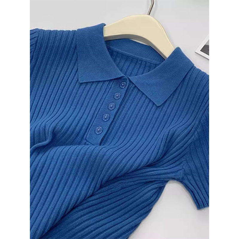 This year's popular polo collar blue knitted short-sleeved T-shirt women's 2025 new slim slim and slim foreign age-reducing top
