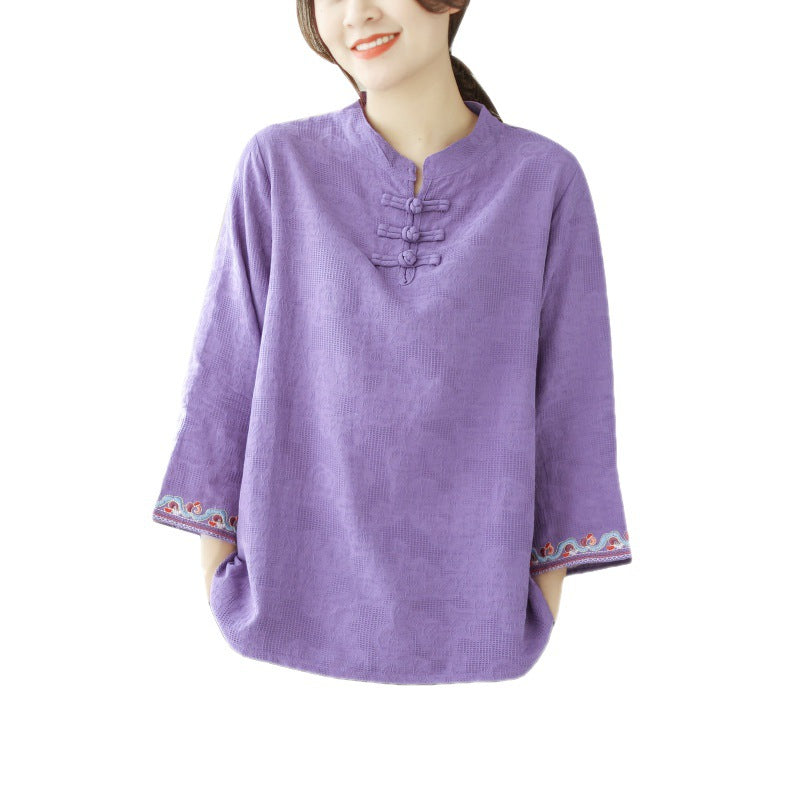 Real shot 2025 summer new retro jacquard cotton and linen disc buckle seven-quarter sleeve shirt women's shirt top 2870 #