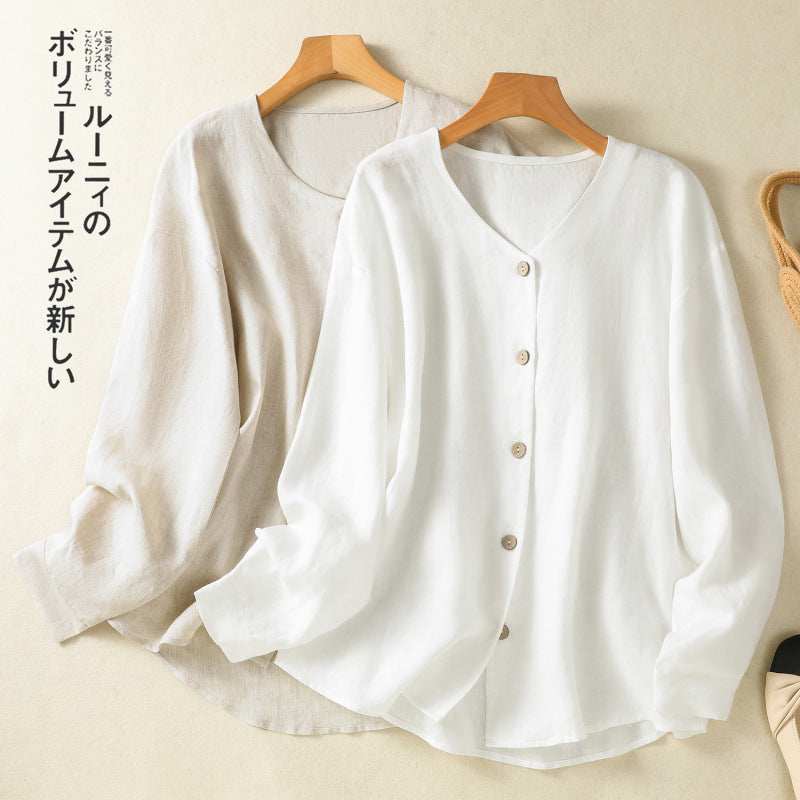 Real shot 2025 spring new literary loose solid color V-neck long-sleeved shirt women's shirt top #5859