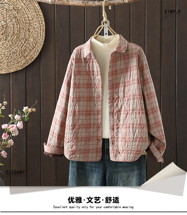 Real shot 2025 autumn and winter new padded thickened plaid shirt casual age-reducing lapel cotton shirt jacket