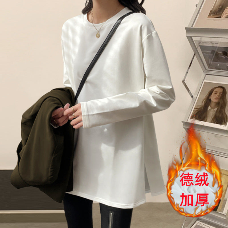 Split-ended white bottomed shirt for women's autumn and winter with fleece and thickened medium and long loose butt-covering German fleece long-sleeved T-shirt