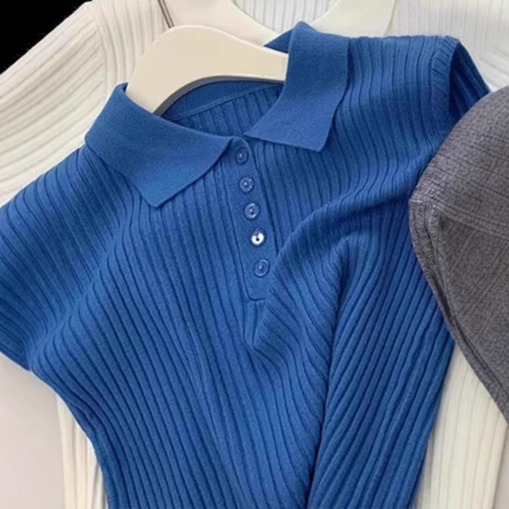 This year's popular polo collar blue knitted short-sleeved T-shirt women's 2025 new slim slim and slim foreign age-reducing top