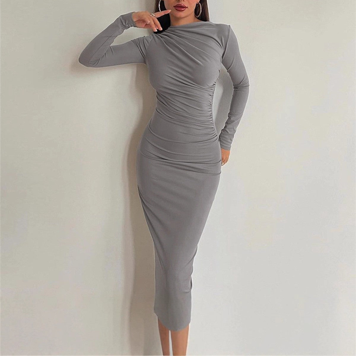 2025 spring and autumn cross-border hip-wrapped split-ended dress for women, slim and thin in spring and autumn, solid color, long sleeves, high waist and thin