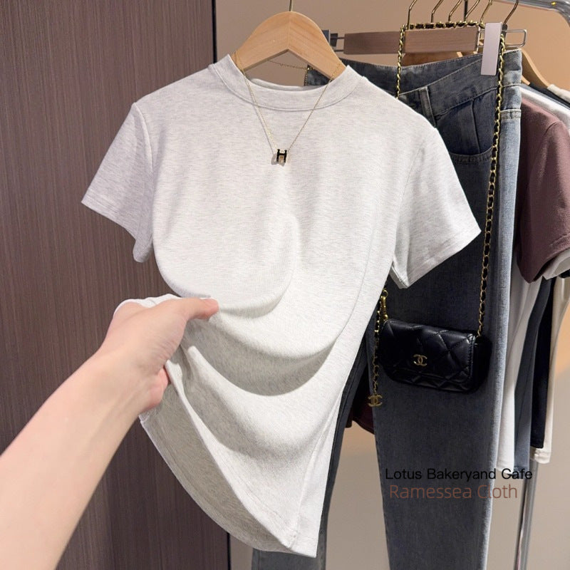 Gray short-sleeved t-shirt women's Korean version of versatile summer inner wear small stand-up collar slim and thin versatile commuter tight top