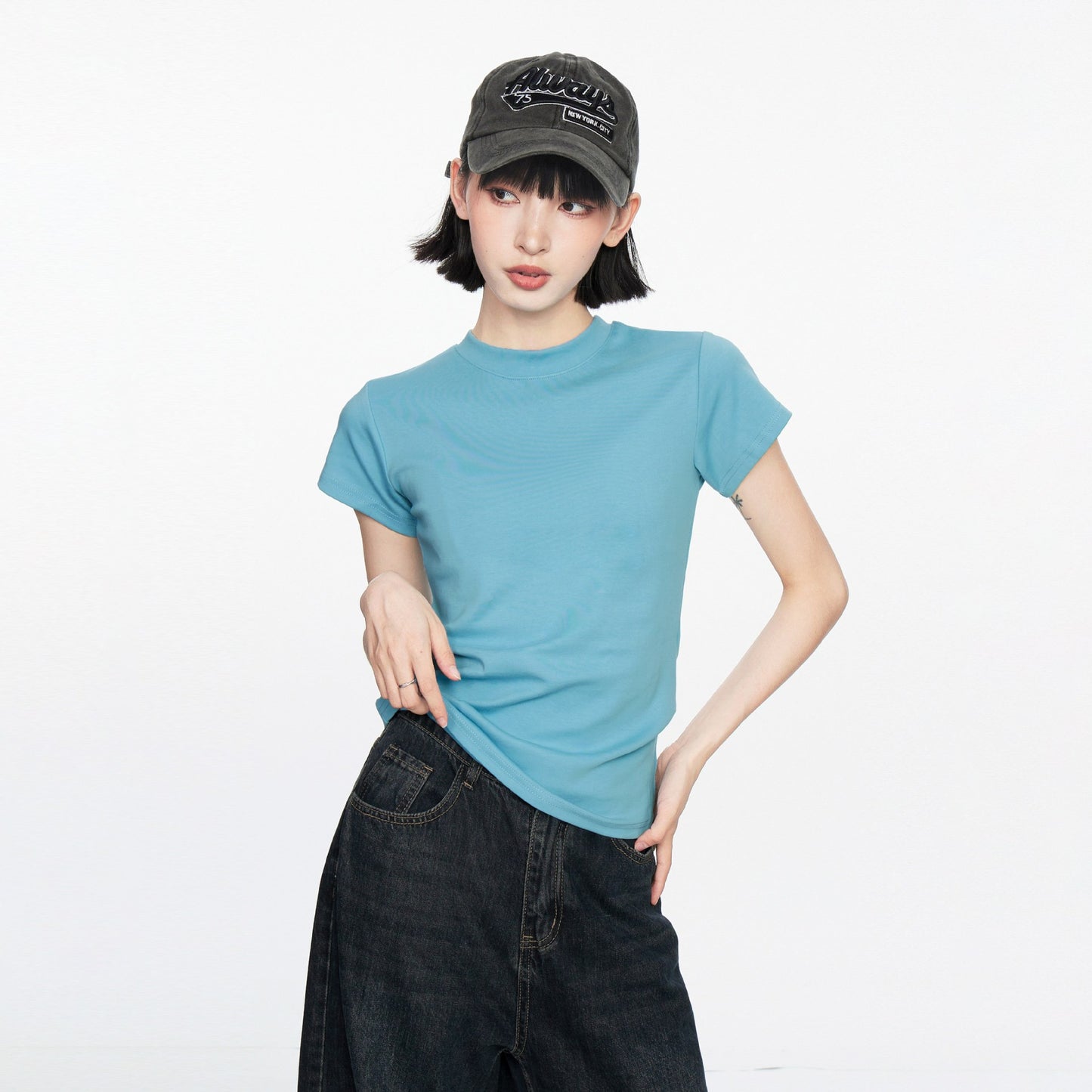 Summer new front shoulder basic short-sleeved t-shirt women's small slim and thin short solid-color top trendy