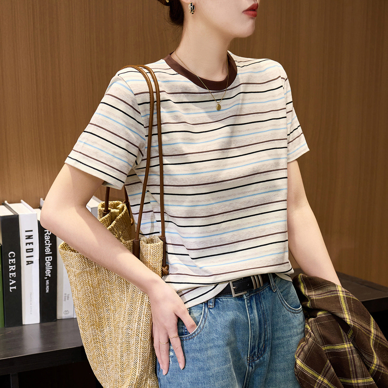 #Combed pure cotton #medium and long loose retro rainbow striped short-sleeved t-shirt women's summer 2026 new lazy top
