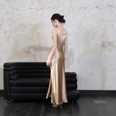 Haute couture imported satin acetic acid one-word collar suspender dress women's waist slit light luxury high-end long dress hip wrap