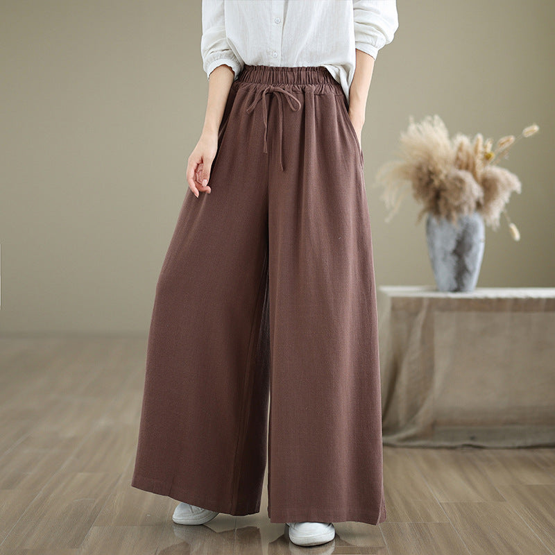 Real shot 2025 summer new cotton and linen loose and simple casual wide-leg pants elastic waist lace-up straight pants women
