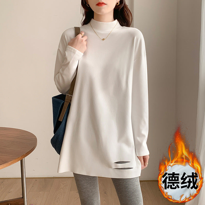 Mid-length loose velvet white long-sleeved T-shirt with half turtleneck base shirt Women's plush ripped top clothes