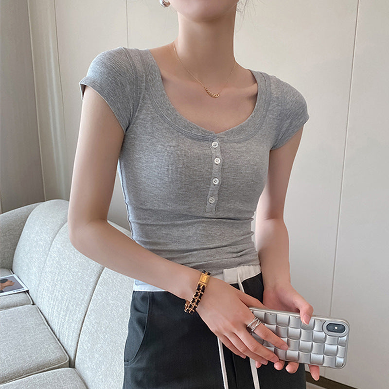 [Use good materials] High elastic threaded cotton V-neck button-down short-sleeved T-shirt women's summer 2026 new slim-fitting and thin bottoming shirt