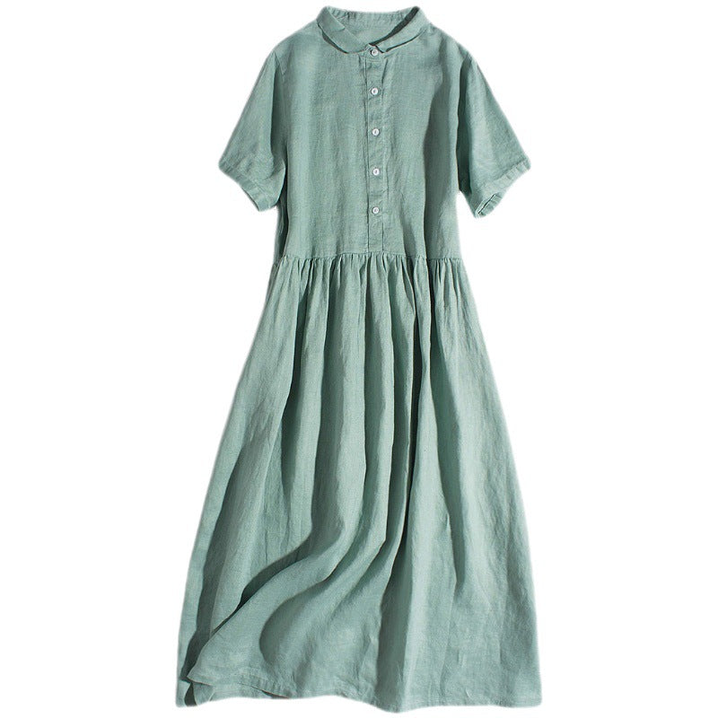 Real shot 2025 summer new literary loose splicing solid color cotton and linen short-sleeved dress women's medium and long 8690 #