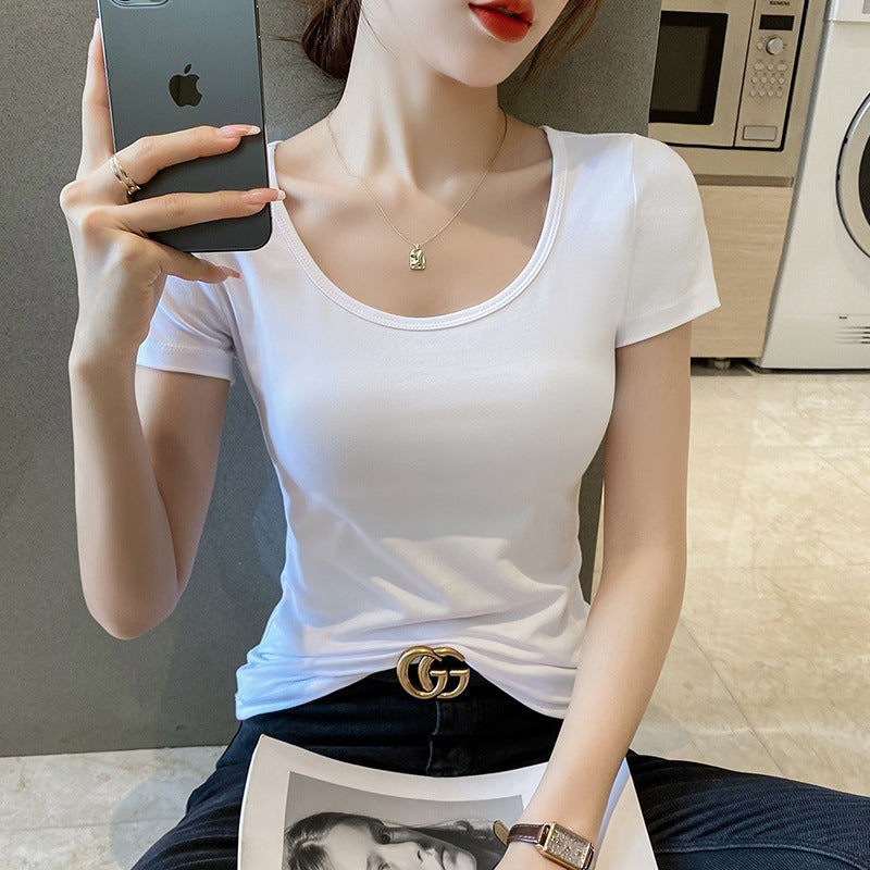 U-neck white versatile short-sleeved T-shirt women's American slim-fitting half-sleeved top low-necked bottoming shirt slim-fitting