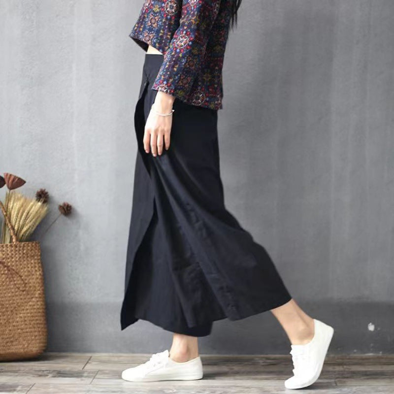 In the summer of 2024, the new cotton and linen literary loose large-size wide-leg pants with elastic waist and irregular swing skirt pants for women