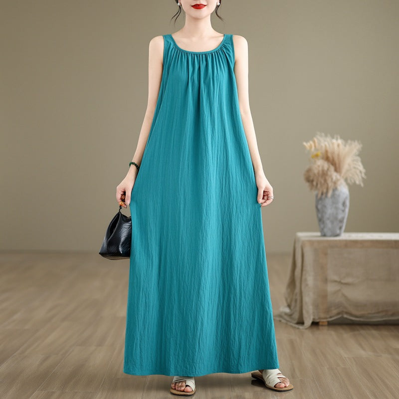 2025 summer new literary and retro loose sleeveless medium and long dress women