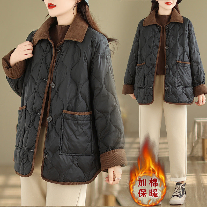 Real shot 2025 autumn and winter new light and short contrasting color lapel rhombus padded jacket women's cotton-padded clothes #1026
