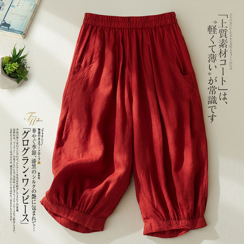 Real shot 2025 summer new retro literary loose cotton and linen elastic waist casual tied feet Harlan five-point pants women