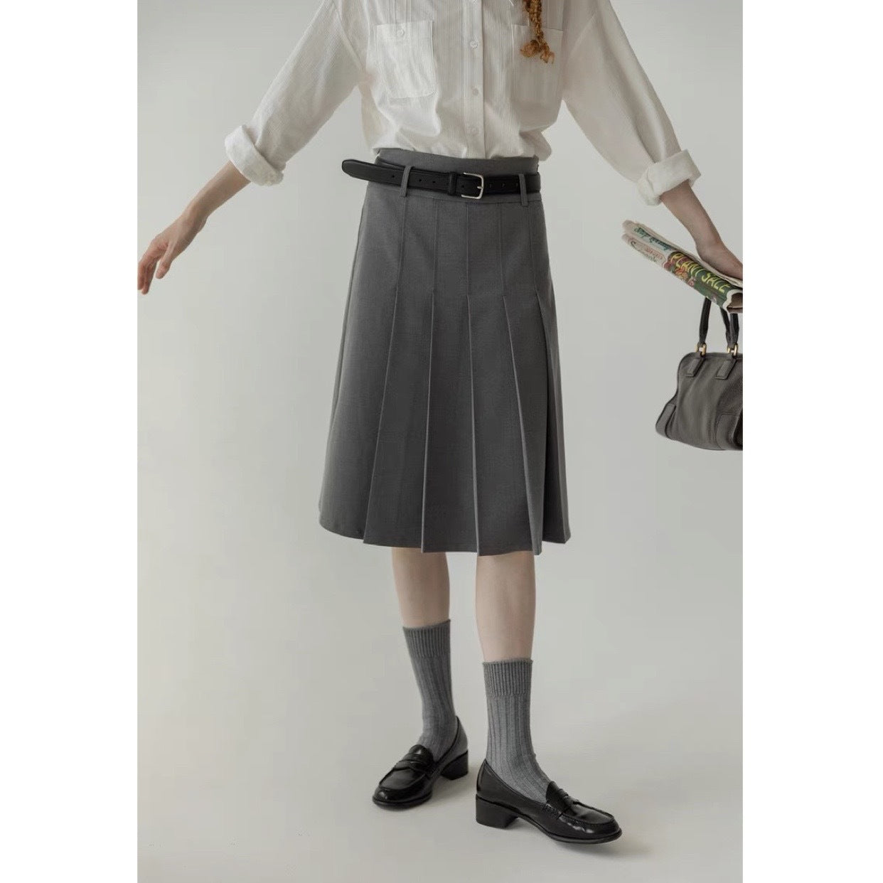 LANO middle waist wears pleated skirts on both sides, retro college temperament A-shaped skirt, skirt, medium and long skirt, spring and summer