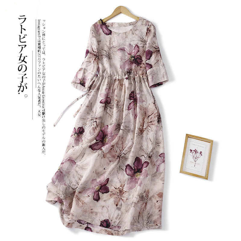 Real shot 2025 summer new literary loose printing round neck five-quarter sleeve dress women's waist medium and long 9020