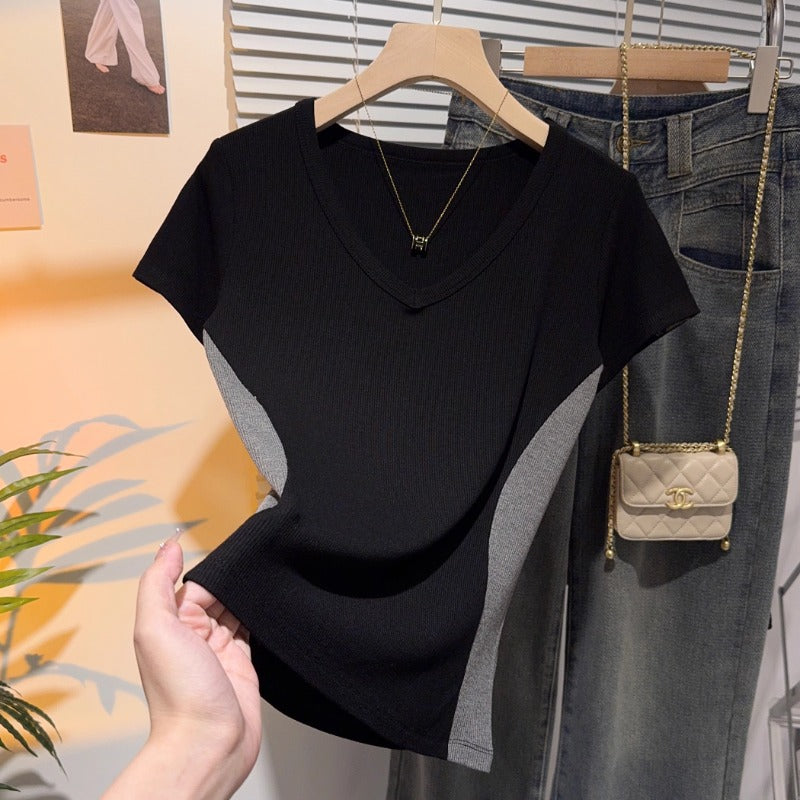 Threaded front shoulder small v-neck short-sleeved T-shirt female slim and thin design sense niche chic contrasting color splicing t-shirt top