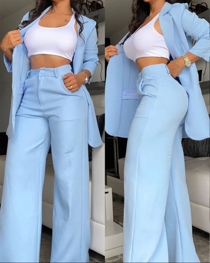 Cross-border 2025 European and American foreign trade summer women's clothing temperament elegant solid color split sleeve lapel suit straight pants suit women