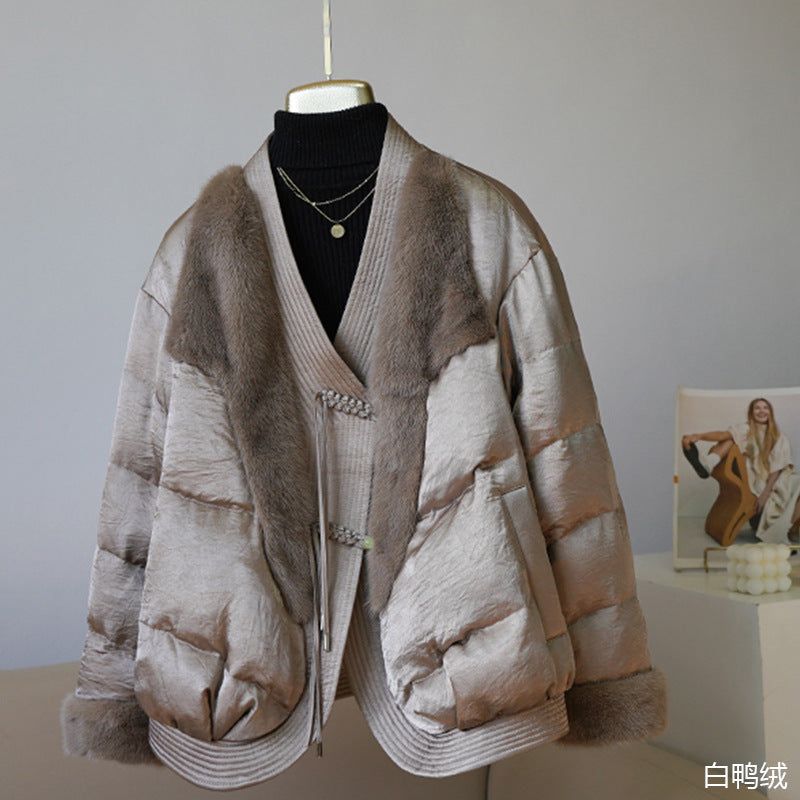 New Chinese-style imported full acetic acid splicing real fur fur goose down clothing V-neck autumn and winter down jacket foreign style advanced sense