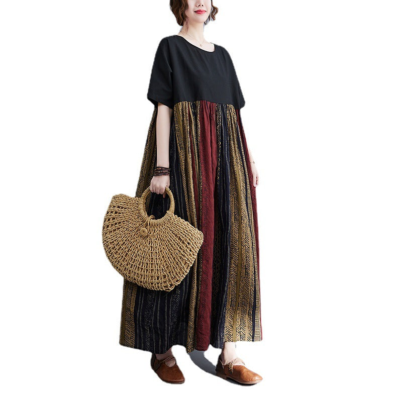 Real shot 2024 summer new literary large size loose cotton and linen printing short-sleeved dress women's long dress 9107 #