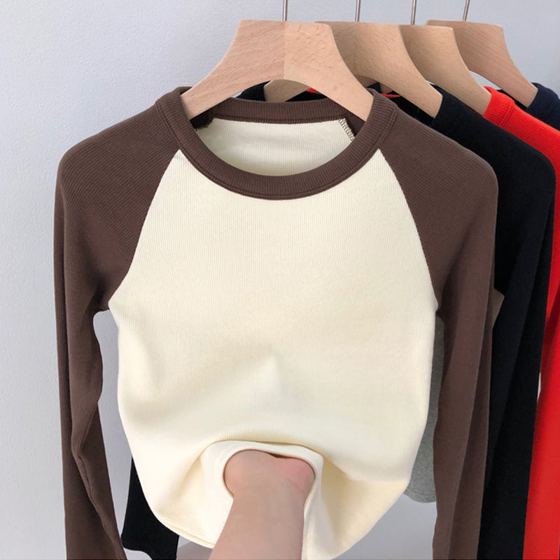 甄选优棉高弹螺纹2026秋冬装新款复古撞色插肩高腰长袖T恤女上衣