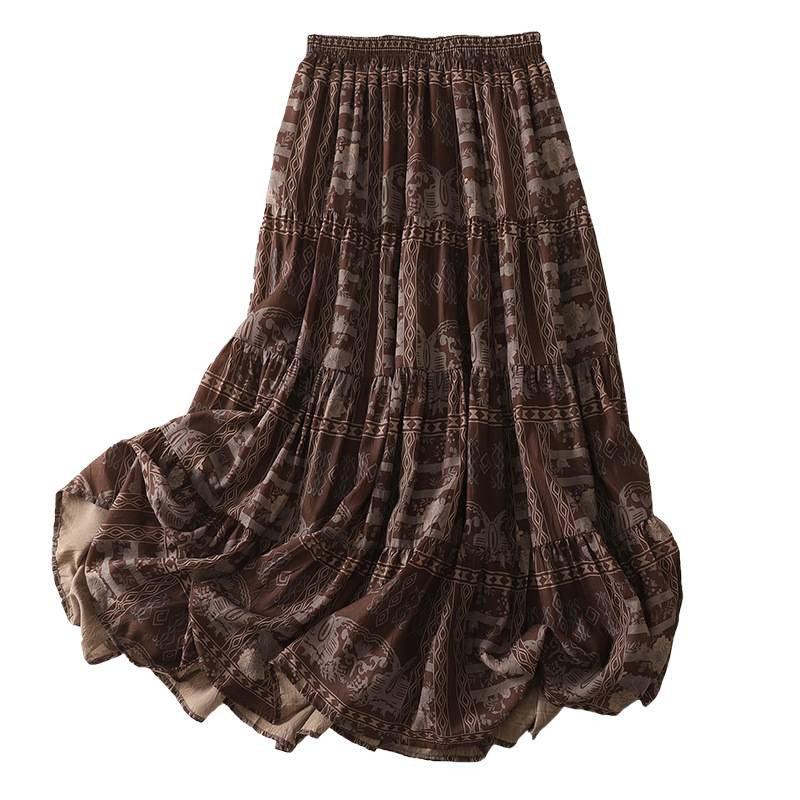 Real shot 2025 summer new loose literary and ethnic style floral elastic waist cake skirt skirt women
