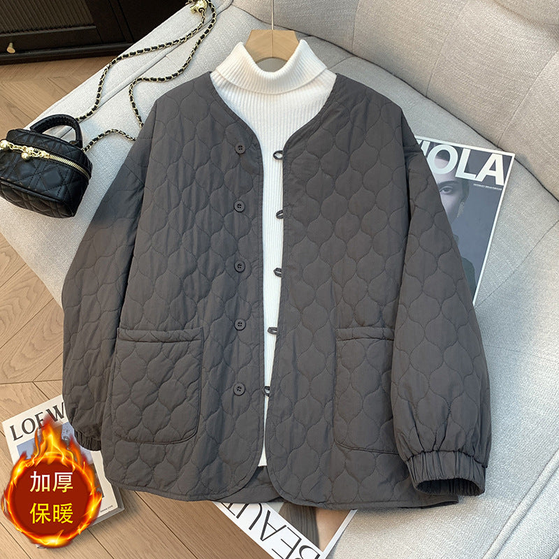 Literary and retro gourd grid fluffy coat for women in the autumn and winter of 2025, loose cotton-padded Mori sweet solid-color cotton clothes