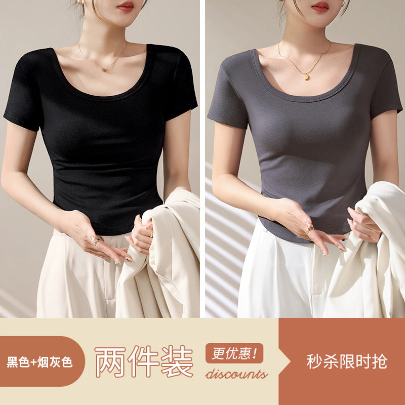 High-quality short-sleeved T-shirt women's 2025 new summer slim-fitting and thin curved hem fashionable foreign U-neck top trendy