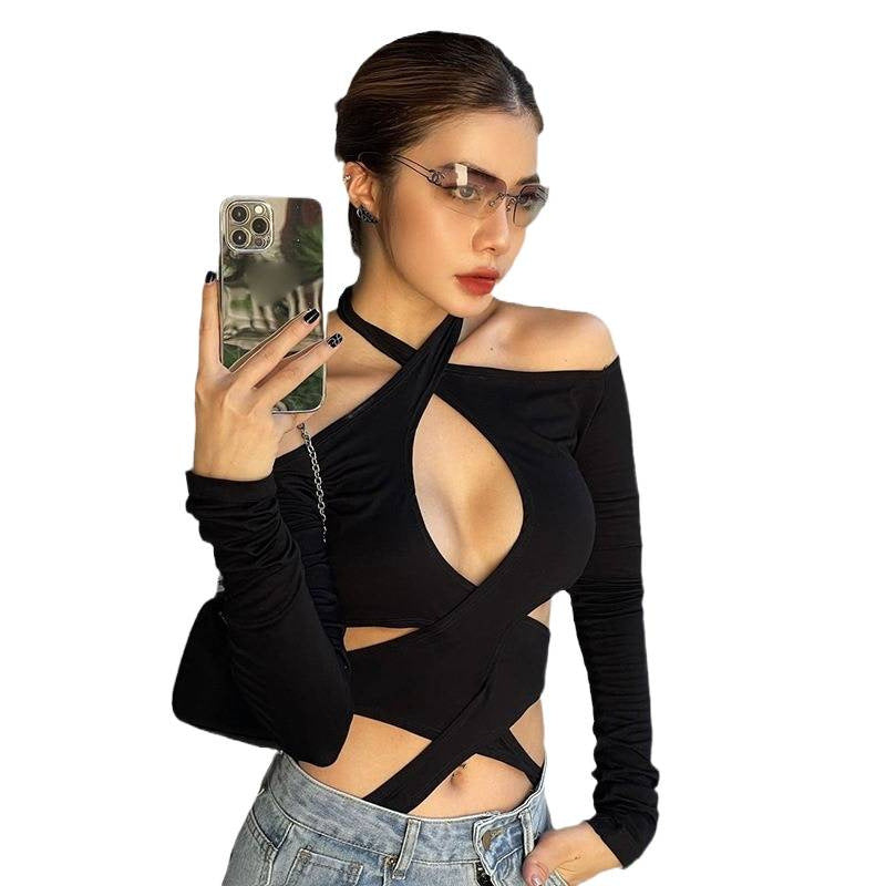 Personality irregular hollow mesh splicing onesie nightclub style European and American sexy babes beautiful back lace-up jumpsuit