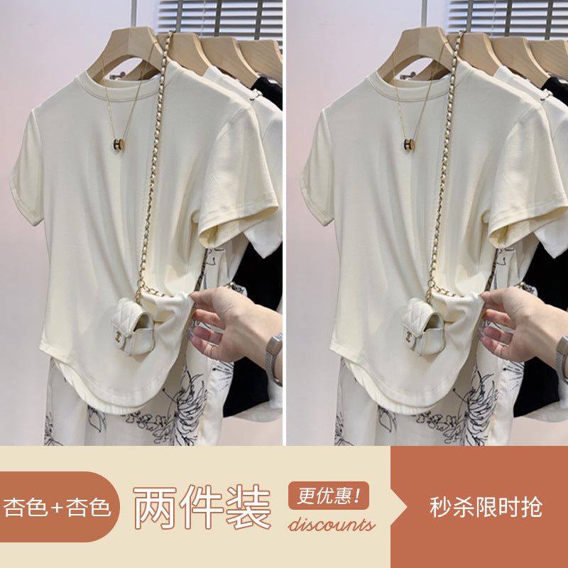 Irregular curved white ice silk short-sleeved t-shirt women's drape feeling slim and thin versatile thin semi-turtleneck top trendy