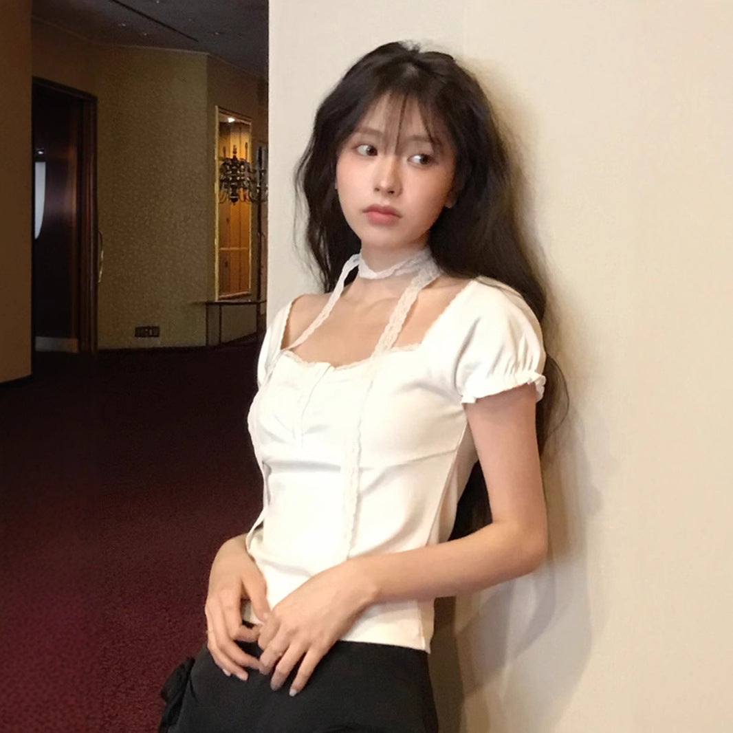 Korean pure desire girl age reduction irregular lace splicing short-sleeved T-shirt scarf design bubble sleeve slim top