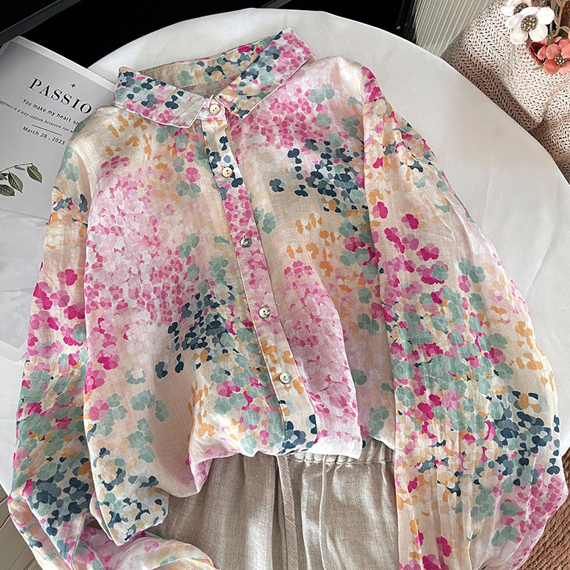 Real shot 2025 autumn new literary loose cotton and linen printed lapel long-sleeved shirt blouse top #9011