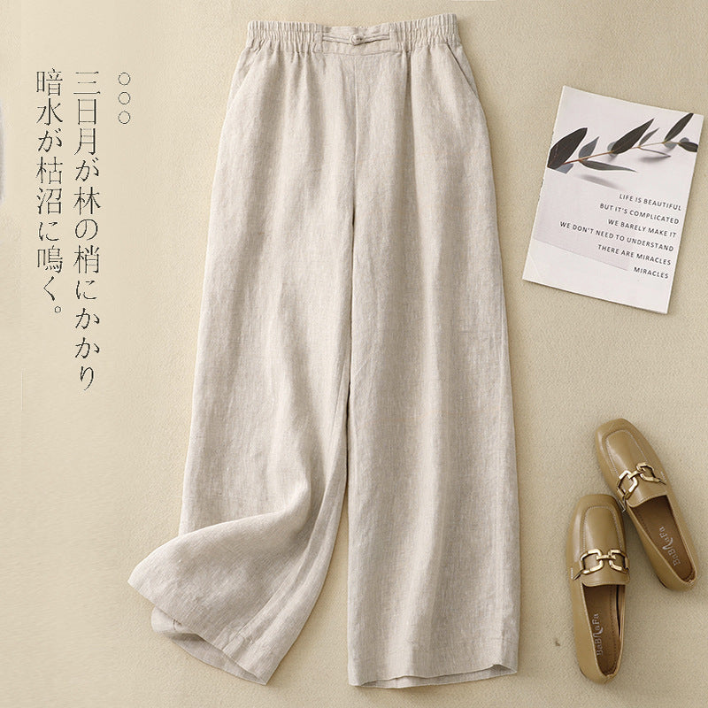 Real shot 2025 summer new thin Chinese buckle casual pants nine-point pants literary large size wide-leg women's pants
